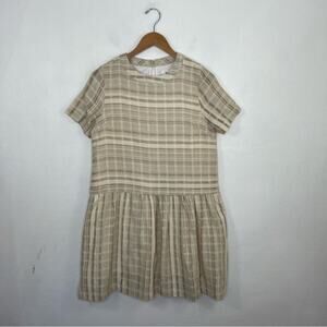 Mod Ref Striped Dress Tan Ivory Linen Textured Cotton Babydoll Dress Size Small